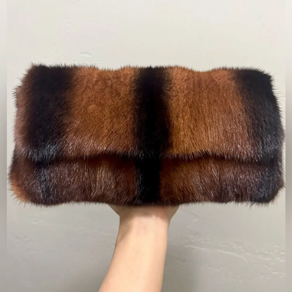 Brown Gradient Real Mink Fur Handmade Baguette Shoulder Bag, Multi Use Style